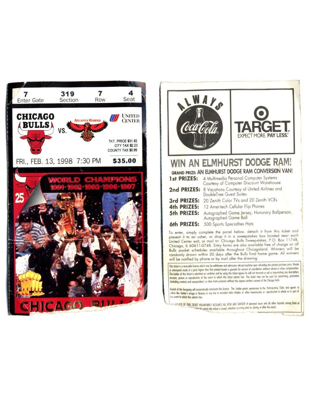 1998 Michael Jordan Bulls Hawks Ticket Buzzer Beater 37 Points Last Dance Feb 13